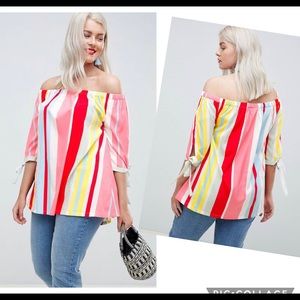 Junarose bright top blouse size 24 New with Tags Striped Shoulder Off tie sleeve